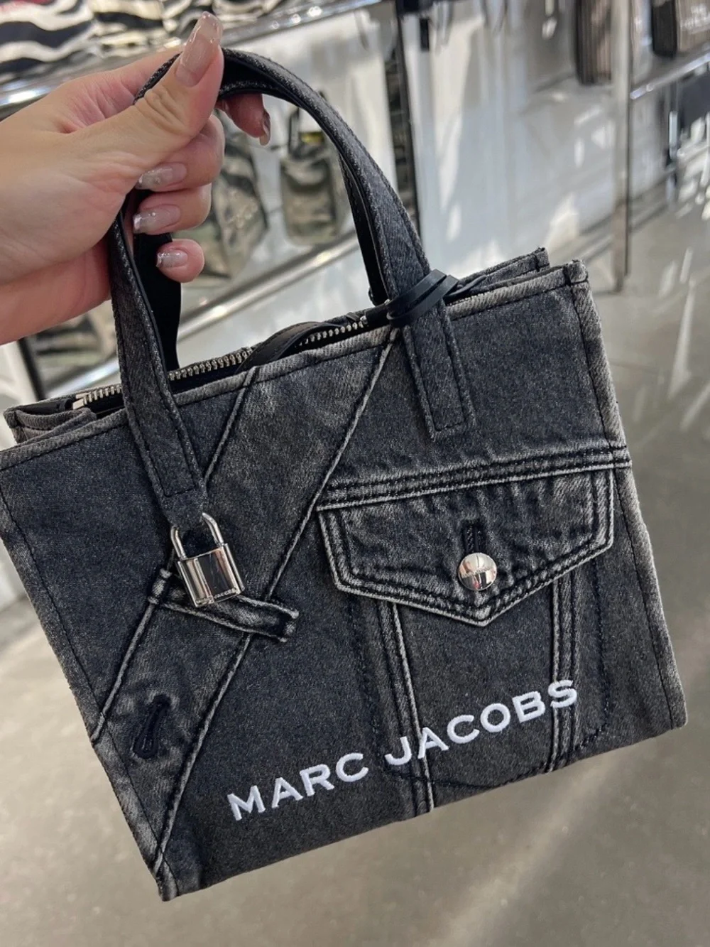 Marc Jacobs Black Gray Denim Small Messenger Tote with Crossbody Strap